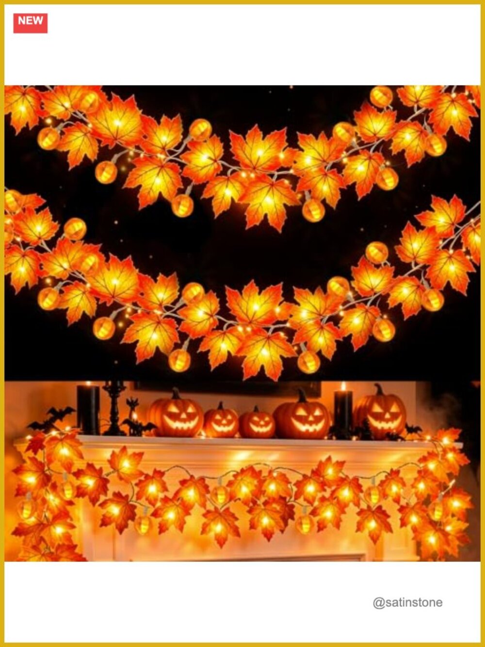 Fall Garland with Pumpkin Lights 30ft 60 LED Battery Powered Maple Leaf Decor